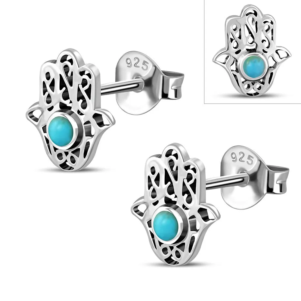 Hamsa Stud Silver Earrings set w/ Turquoise