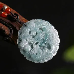 Hand Carved Round Natural Ice Jadeite Jade Chinese Dragon Pendant Necklace