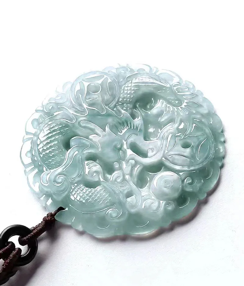 Hand Carved Round Natural Ice Jadeite Jade Chinese Dragon Pendant Necklace