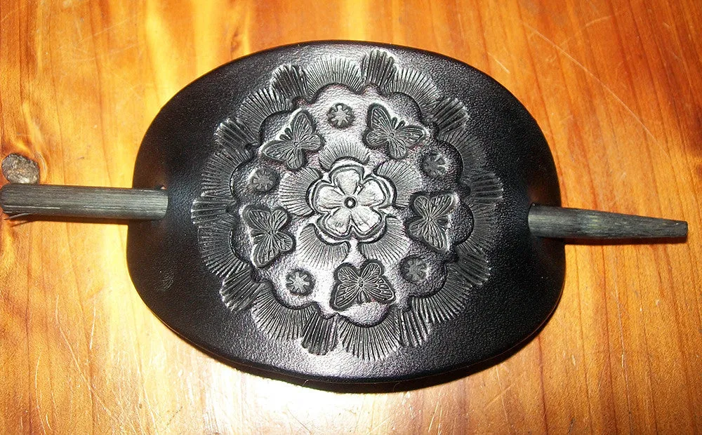 Hand Tooled Black Leather Stick Barrette