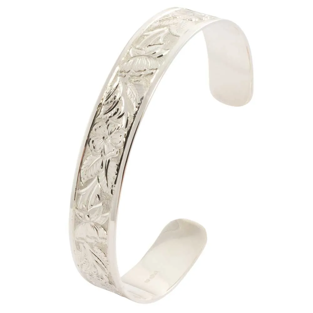 Handmade Sterling Silver 12mm Engraved Flower Cuff Bracelet