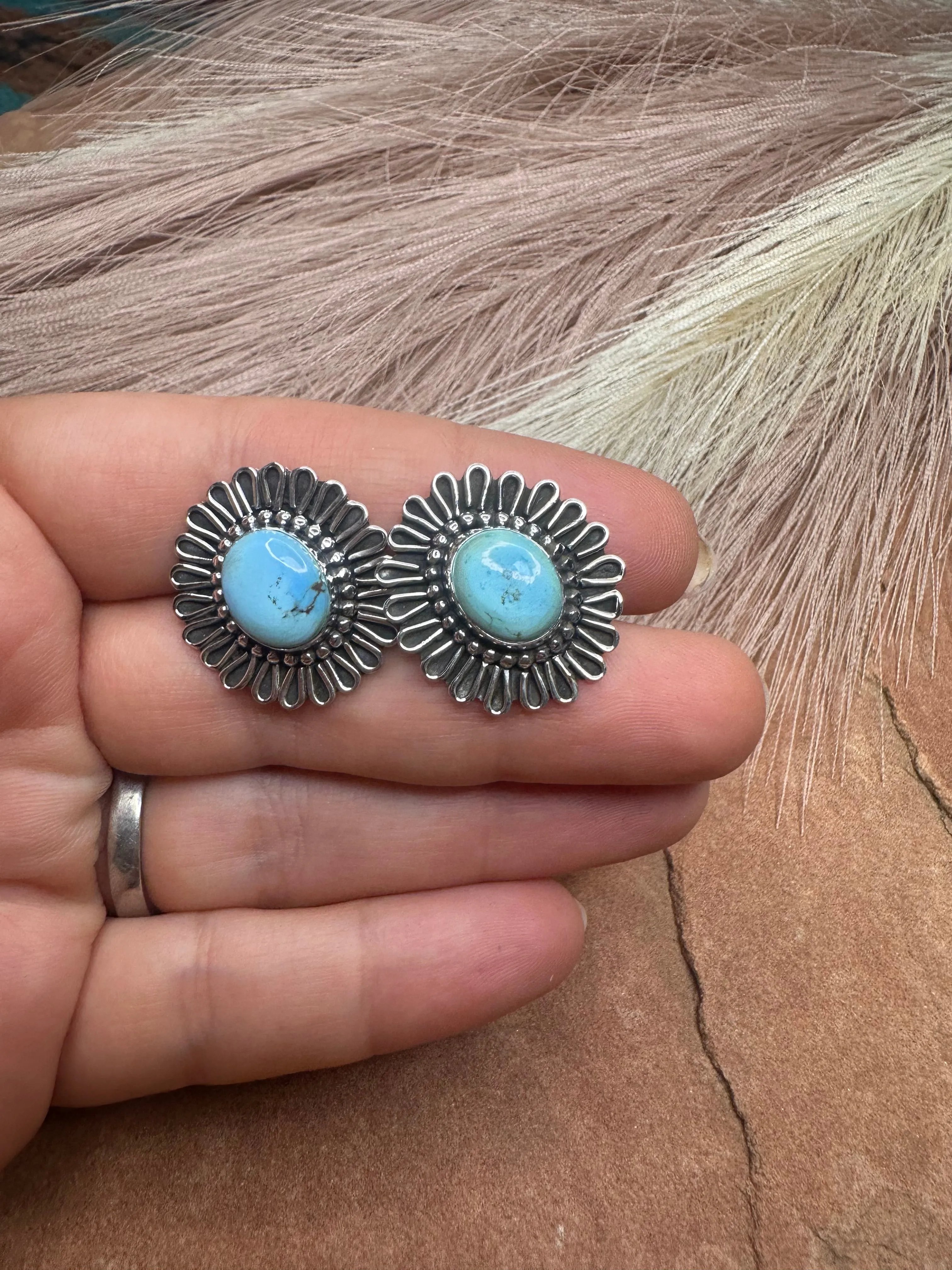 Handmade Sterling Silver Golden Hills Turquoise Post Earrings Signed Nizhoni