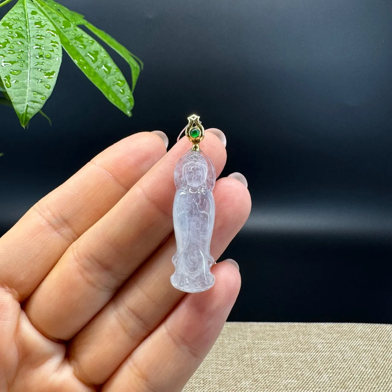 High-end 18K Yellow Gold Burmese Icy Jadeite Jade Guanyin Pendant with Diamond