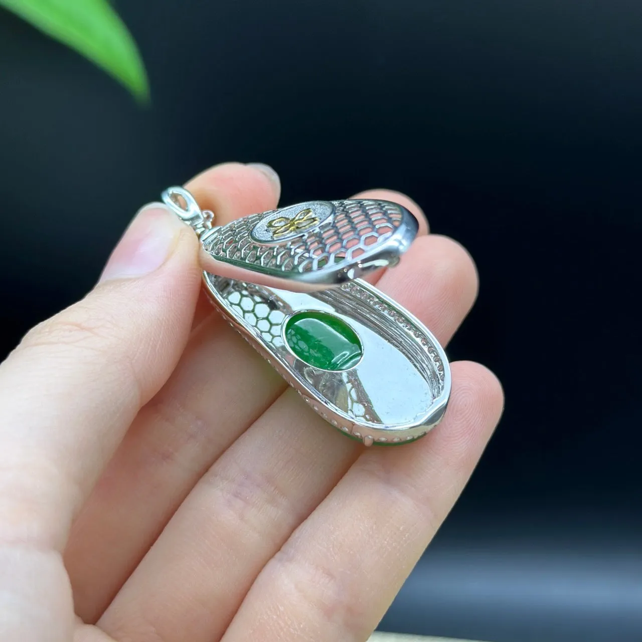 High end Genuine Burmese Ice Green Jadeite Pendant with 18k White Gold Bail