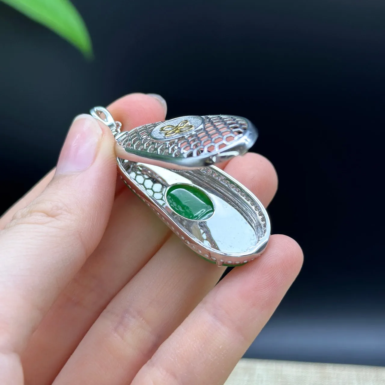 High end Genuine Burmese Ice Green Jadeite Pendant with 18k White Gold Bail