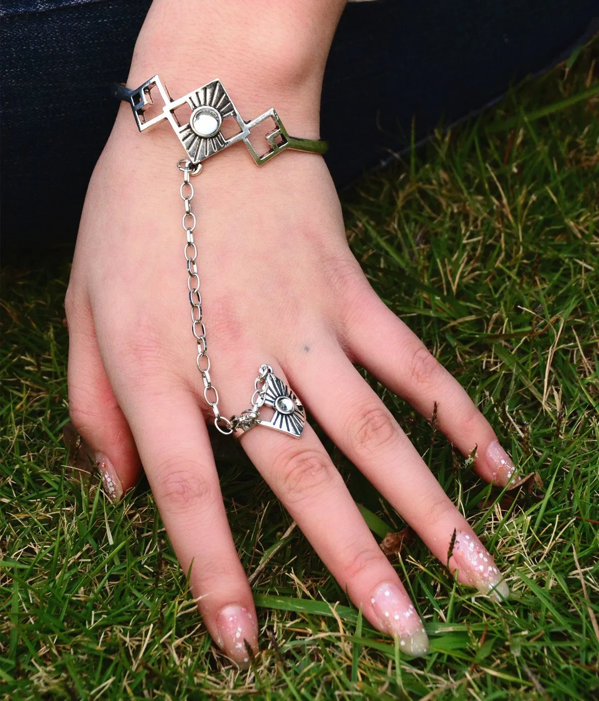 Indian Element Crystal Gemstone Open Bracelet with Finger Ring