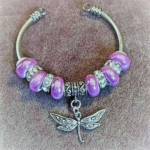 Lavender Beaded Dragonfly Euro Cuff Bangle