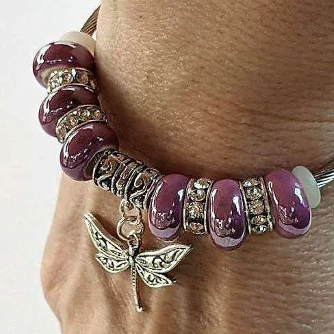 Lavender Beaded Dragonfly Euro Cuff Bangle