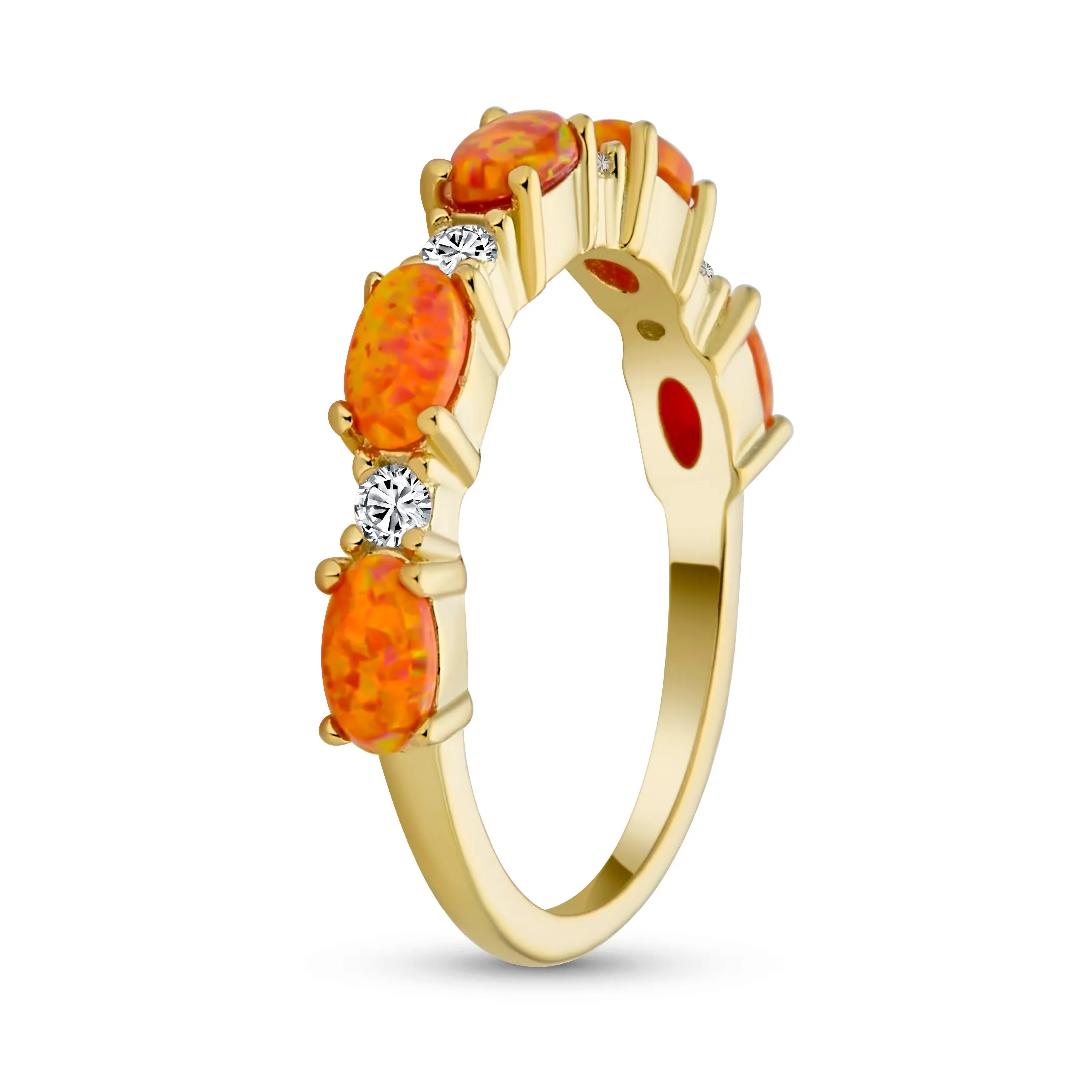 Leaf CZ Eternity Oval Orange White Pink Opal Band Ring Gold 925 Silver