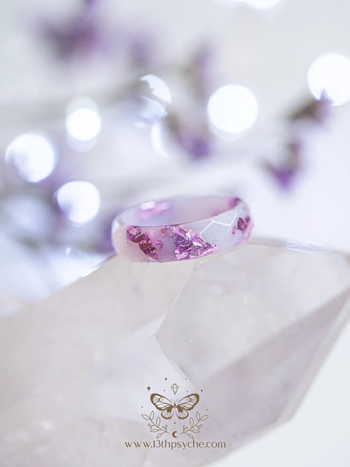 Lilac and lavender flakes faceted resin ring