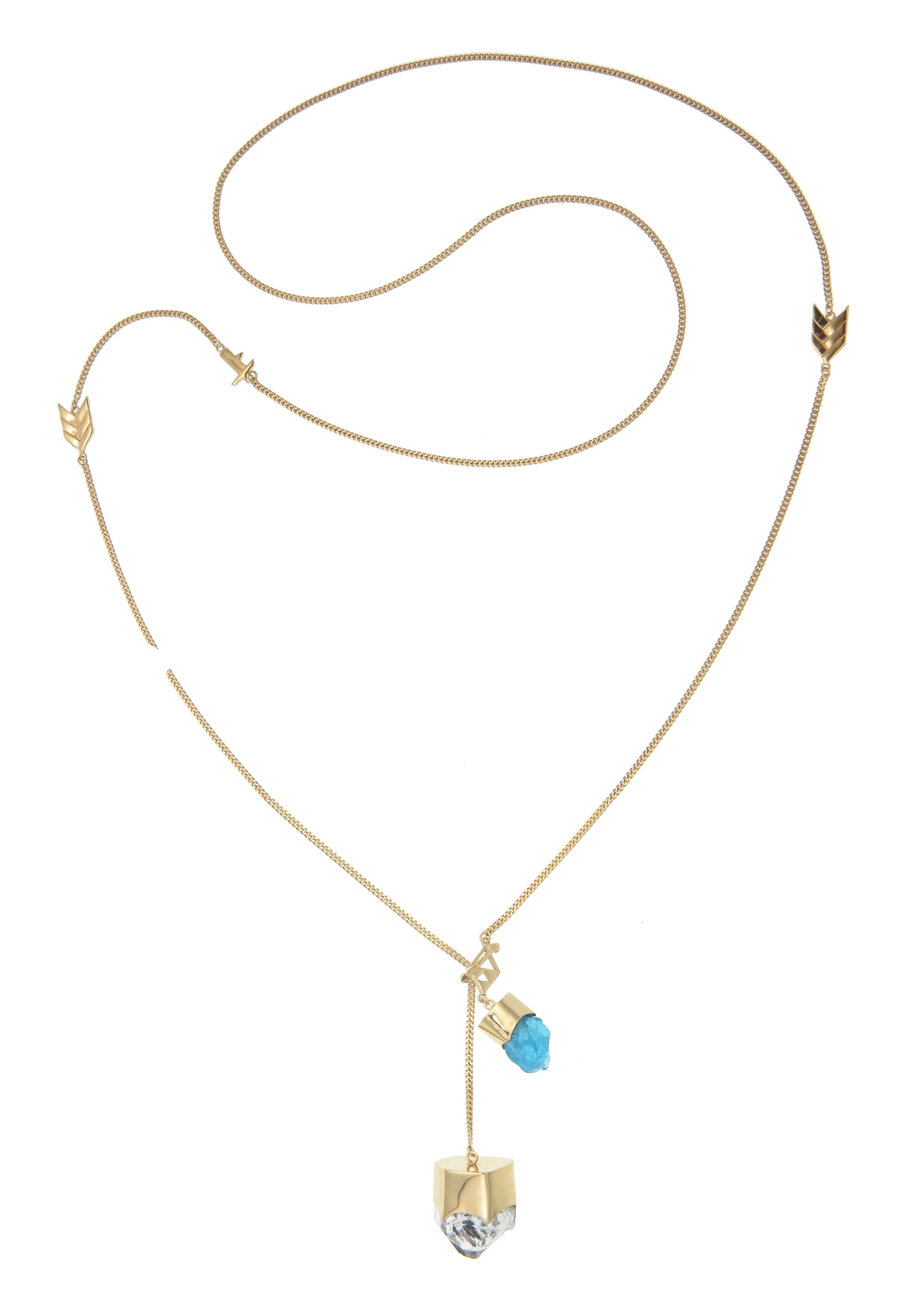 LONG CRYSTAL NECKLACE WITH DIAMOND QUARTZ & APATITE CRYSTALS - GOLD