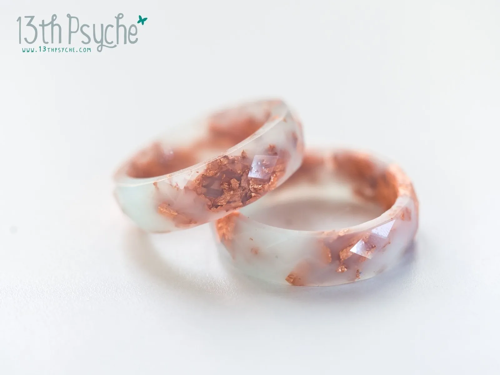 Milky green and rose gold flakes faceted resin ring