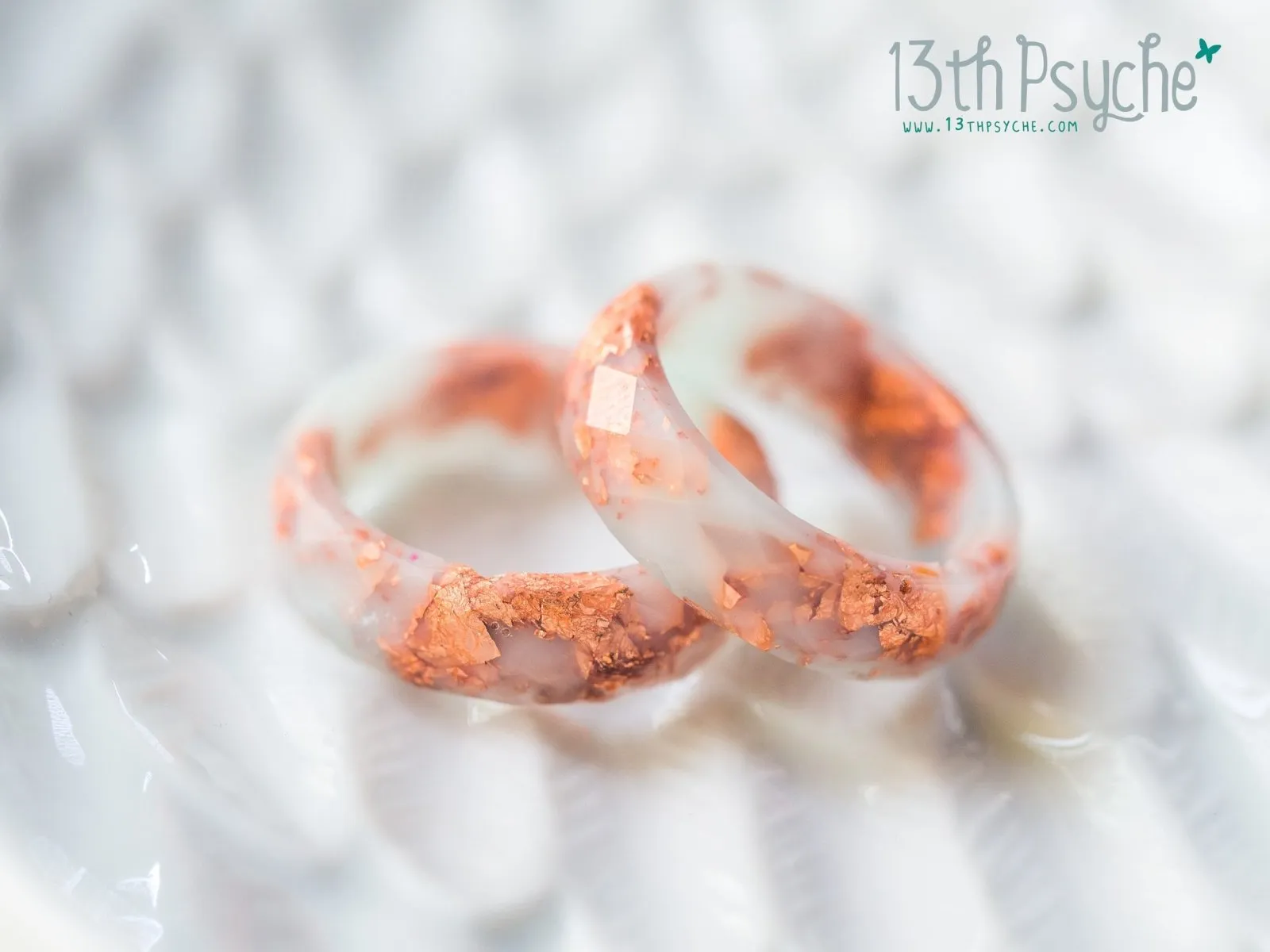 Milky green and rose gold flakes faceted resin ring