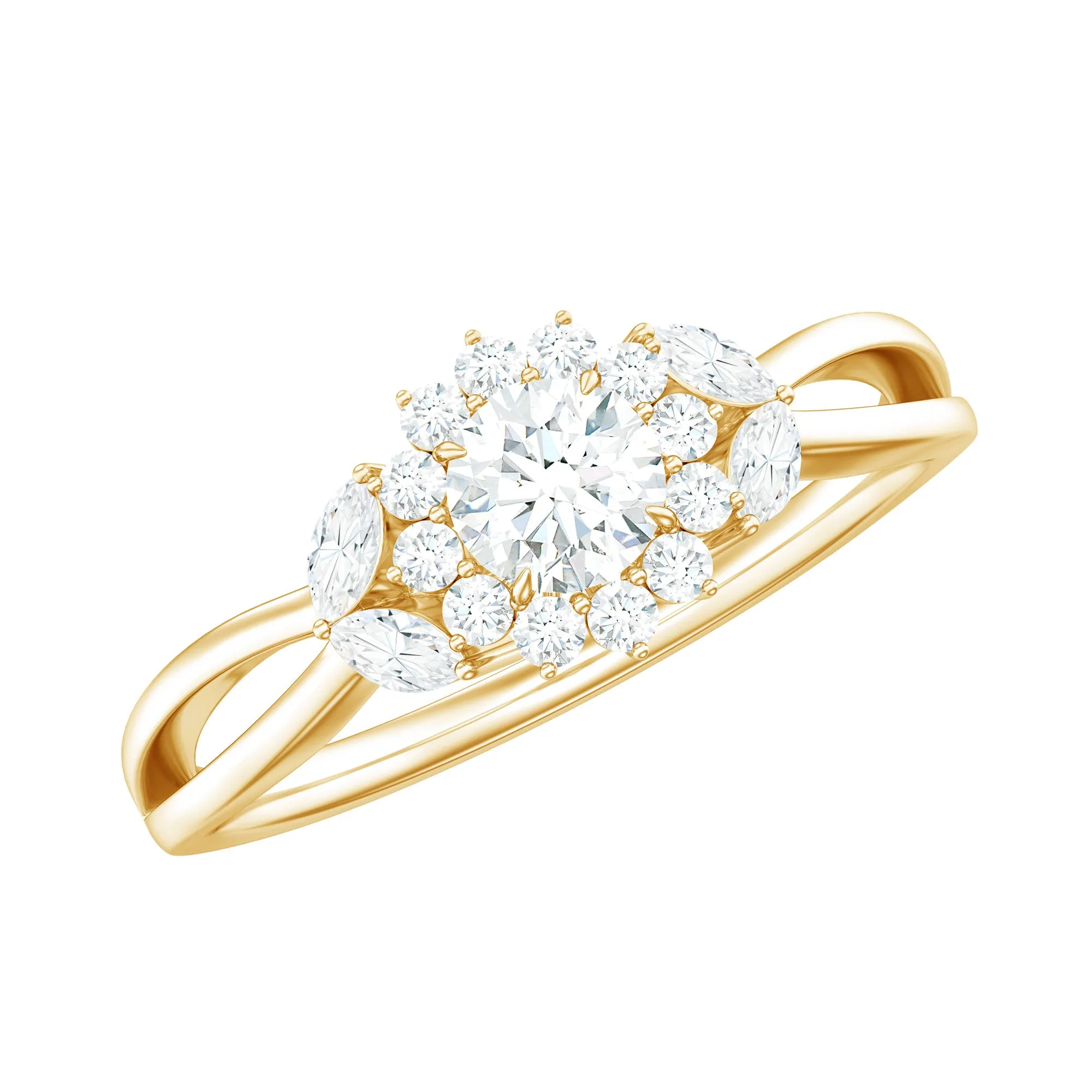 Moissanite Flower Engagement Ring with Split Shank