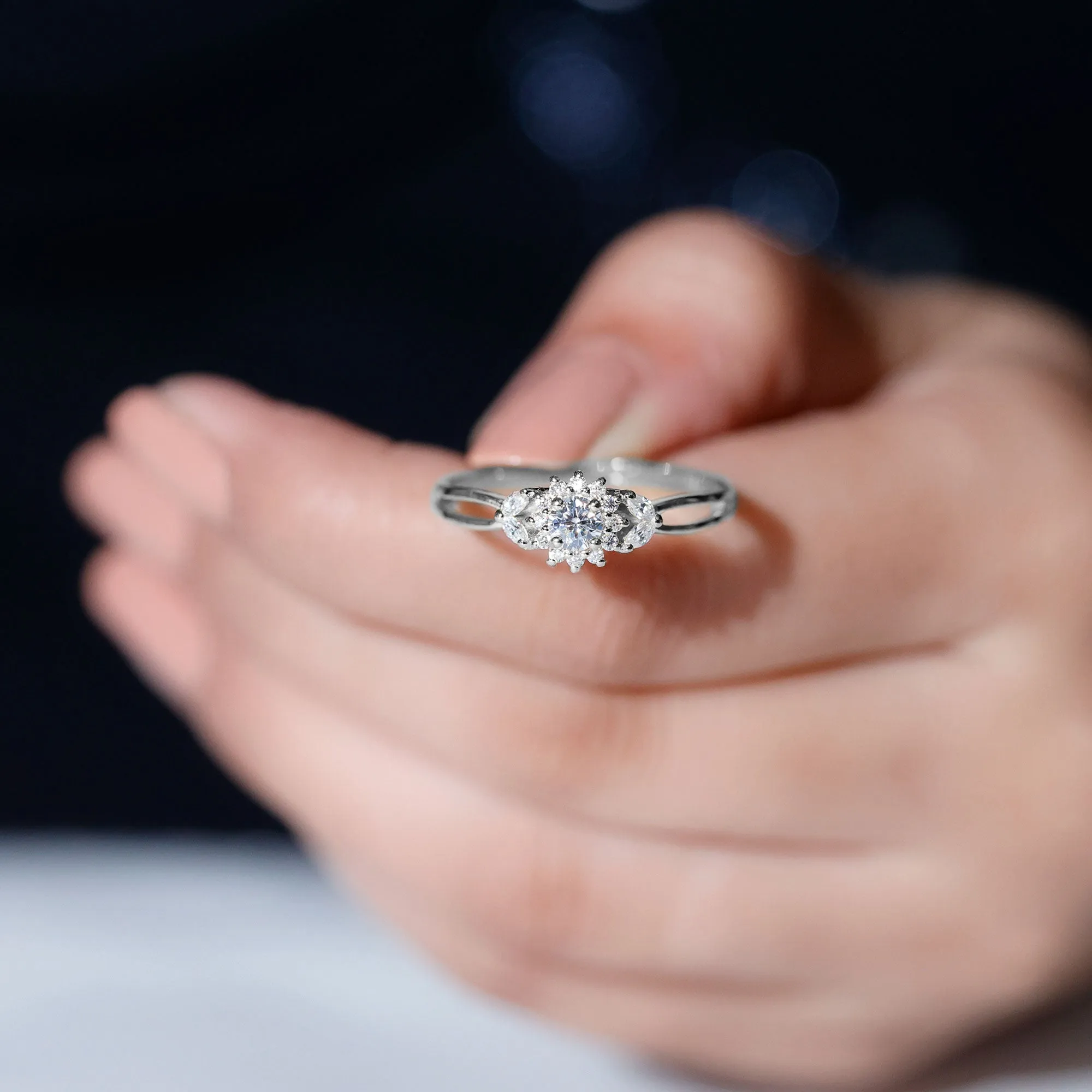 Moissanite Flower Engagement Ring with Split Shank