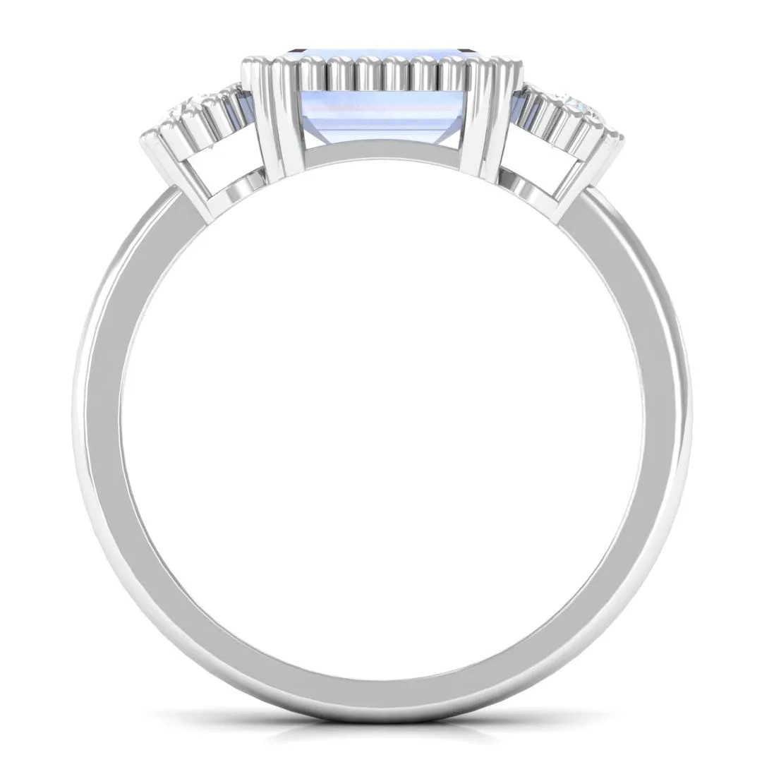 Moonstone East West Engagement Ring with Diamond in Beaded Bezel Setting