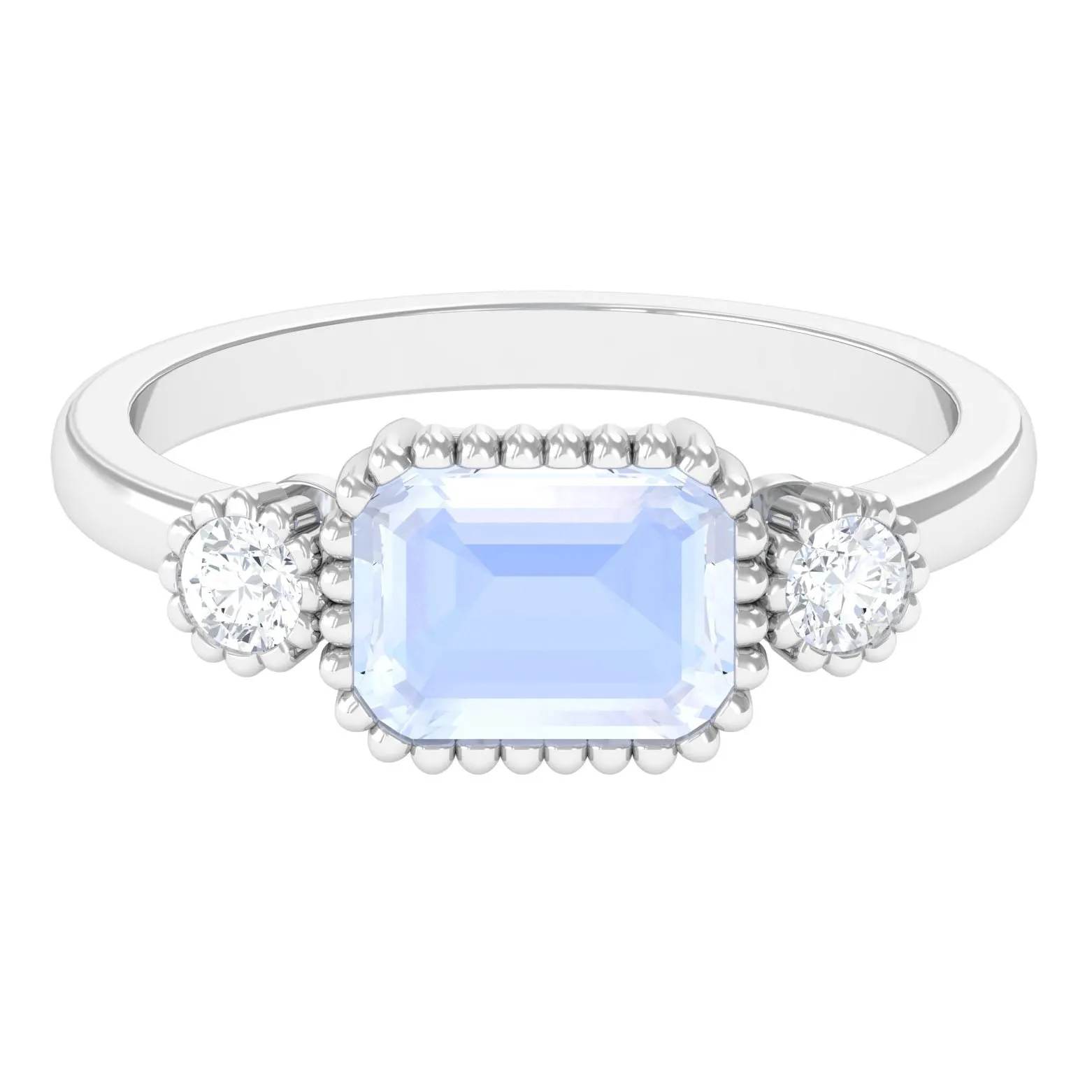 Moonstone East West Engagement Ring with Diamond in Beaded Bezel Setting