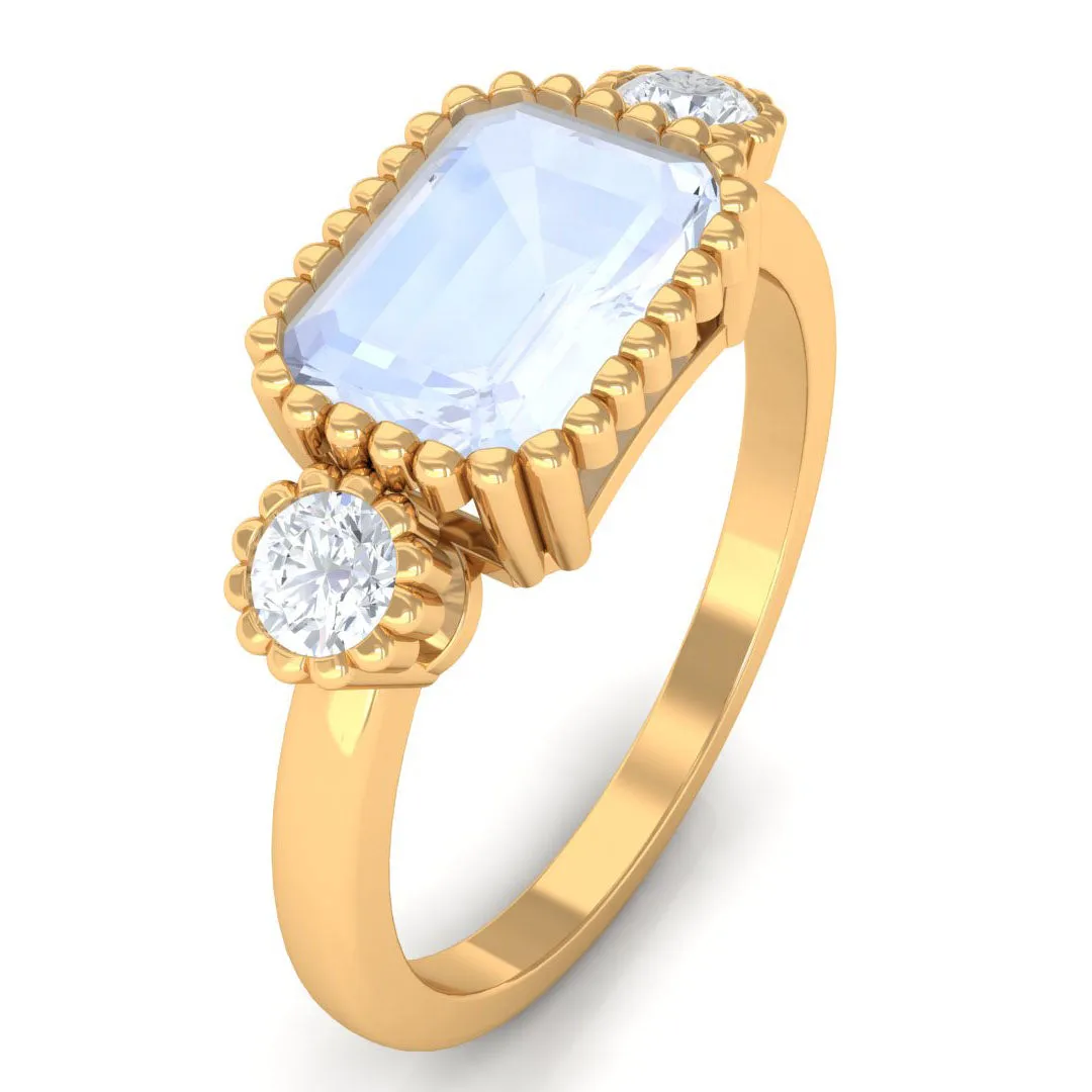 Moonstone East West Engagement Ring with Diamond in Beaded Bezel Setting