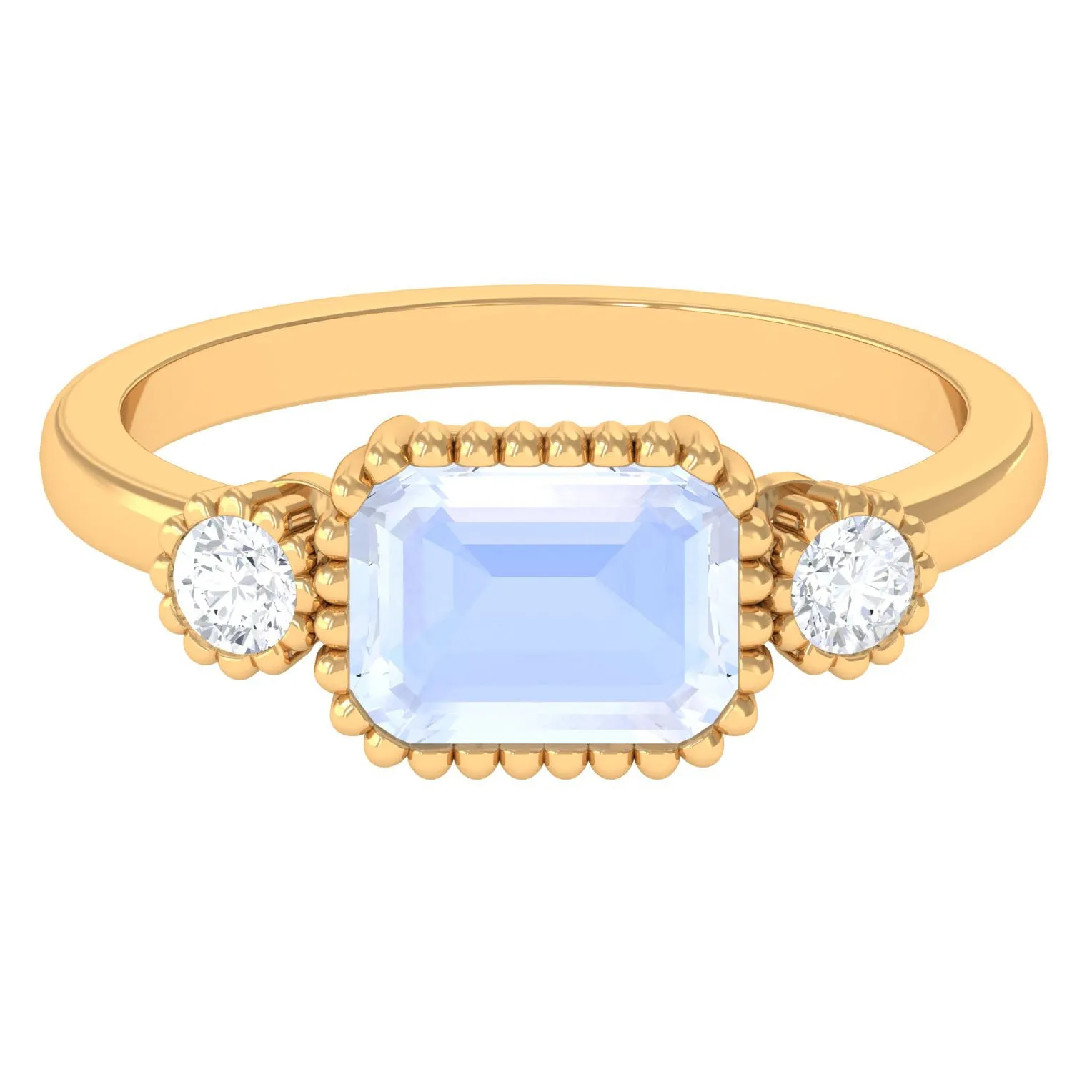 Moonstone East West Engagement Ring with Diamond in Beaded Bezel Setting