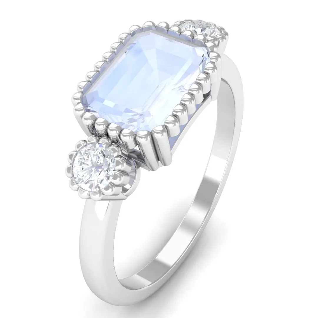 Moonstone East West Engagement Ring with Diamond in Beaded Bezel Setting