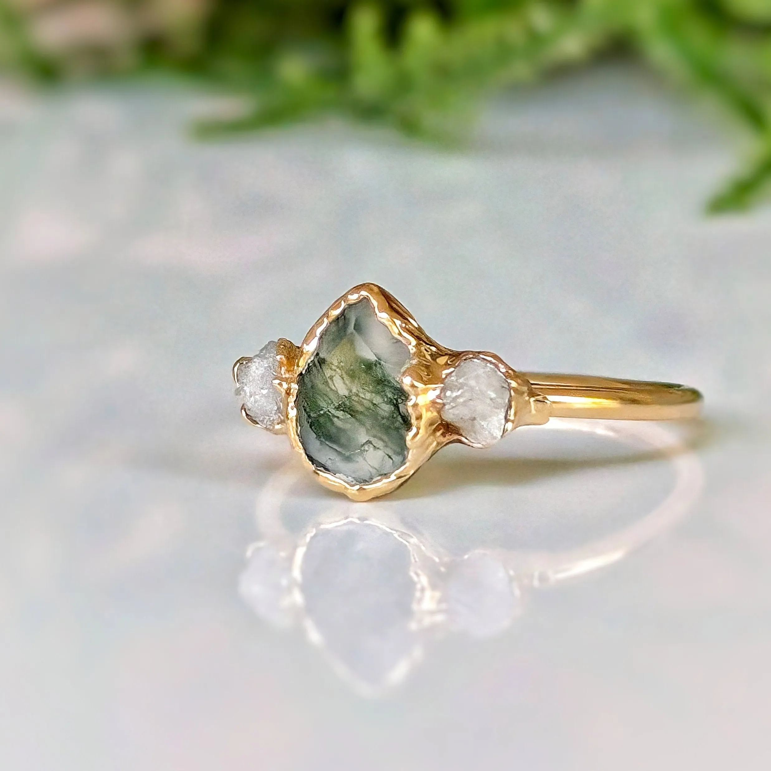 Moss Agate and raw diamond engagement ring - Pear shape Moss Agate ring