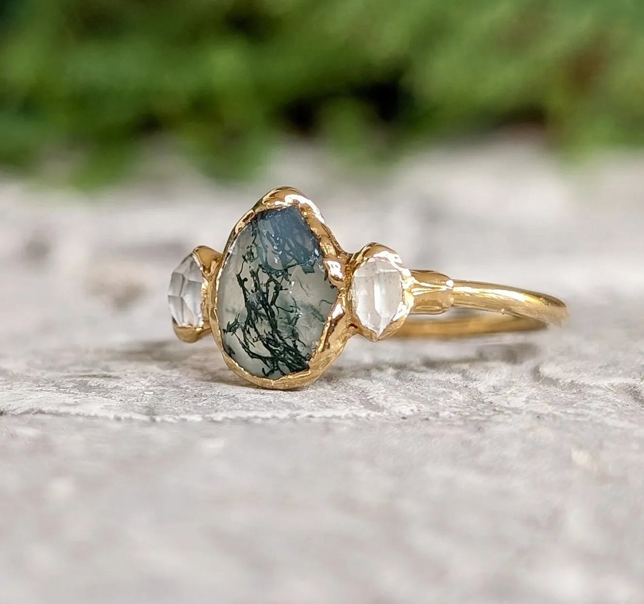 Moss Agate and raw diamond engagement ring - Pear shape Moss Agate ring