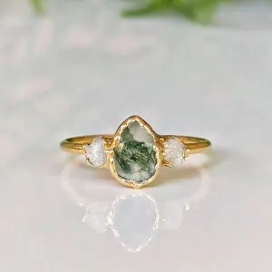 Moss Agate and raw diamond engagement ring - Pear shape Moss Agate ring