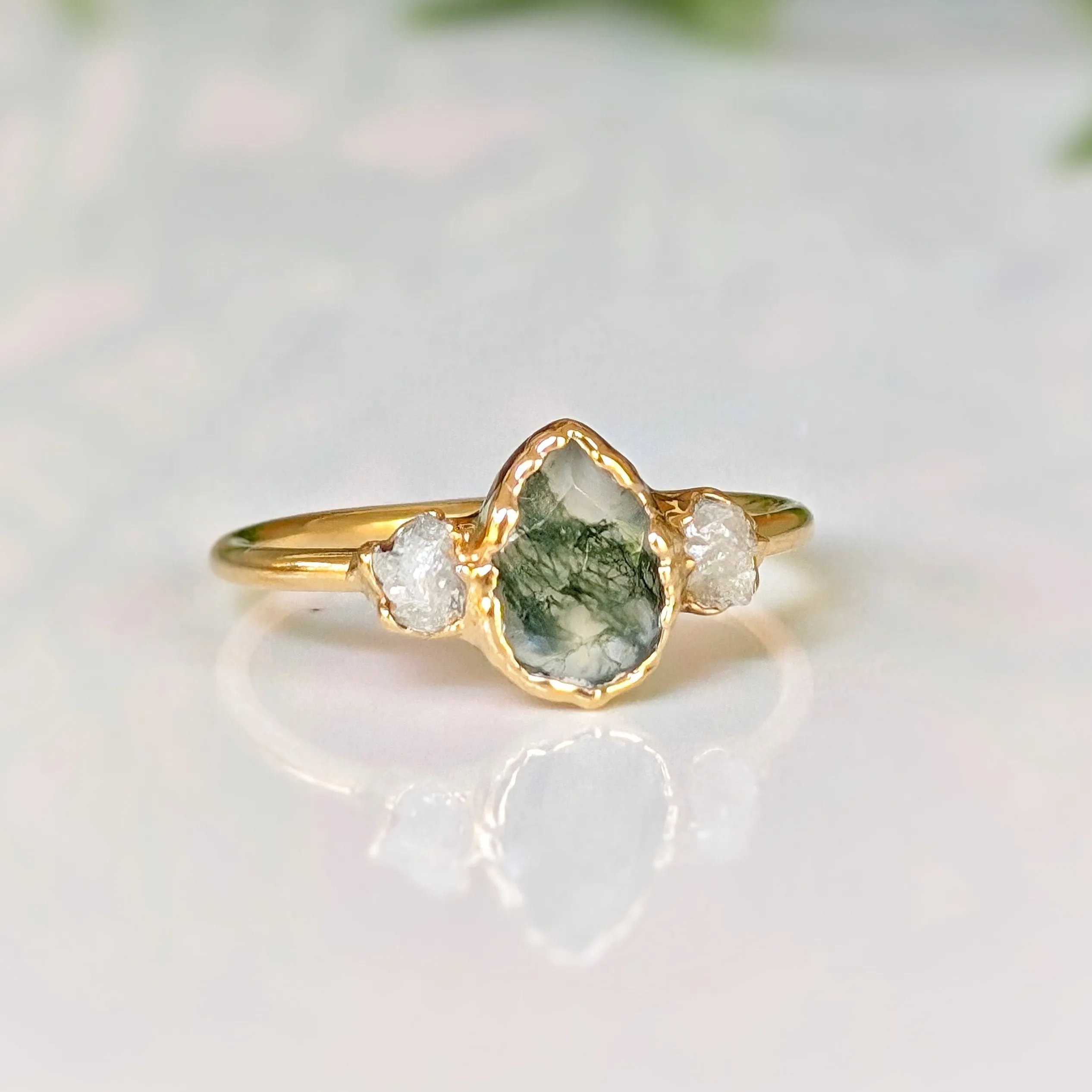 Moss Agate and raw diamond engagement ring - Pear shape Moss Agate ring