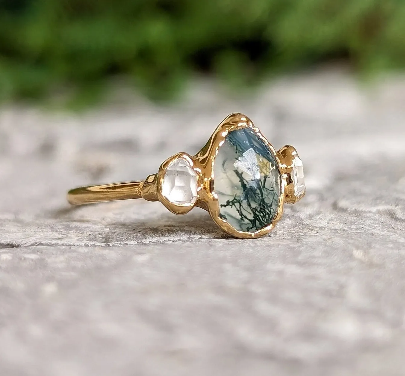 Moss Agate and raw diamond engagement ring - Pear shape Moss Agate ring