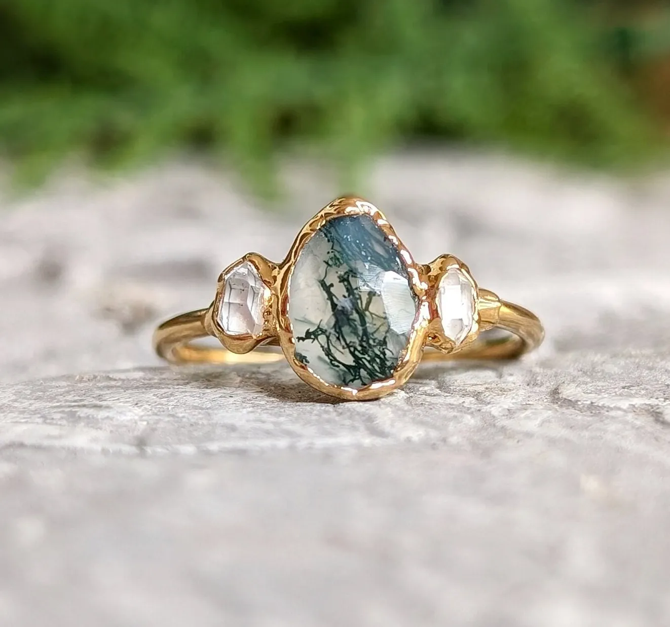 Moss Agate and raw diamond engagement ring - Pear shape Moss Agate ring