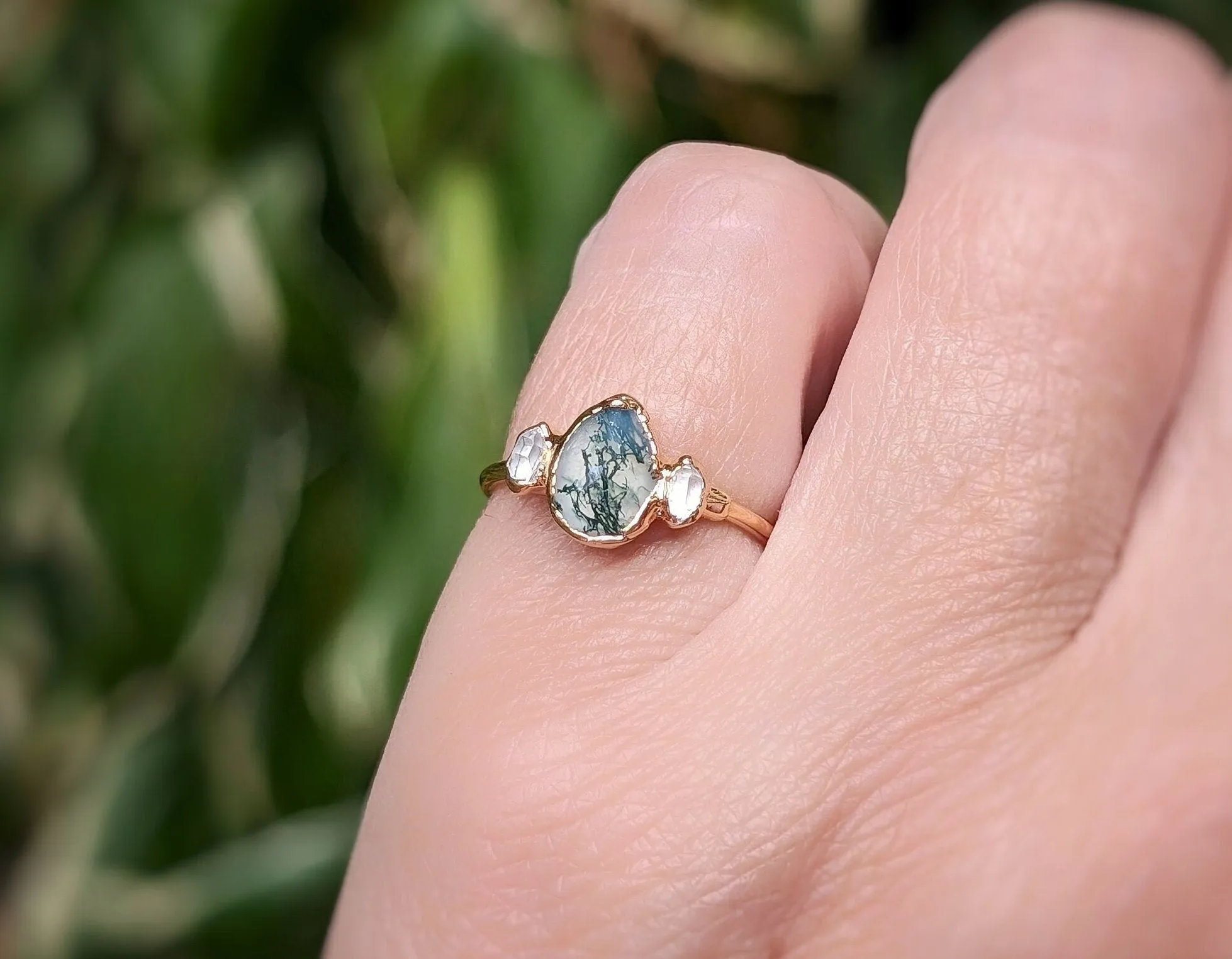 Moss Agate and raw diamond engagement ring - Pear shape Moss Agate ring