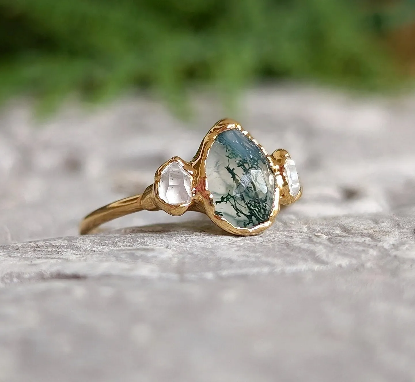 Moss Agate and raw diamond engagement ring - Pear shape Moss Agate ring