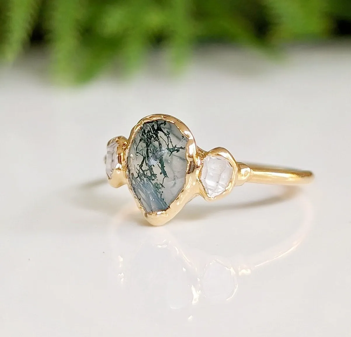 Moss Agate and raw diamond engagement ring - Pear shape Moss Agate ring