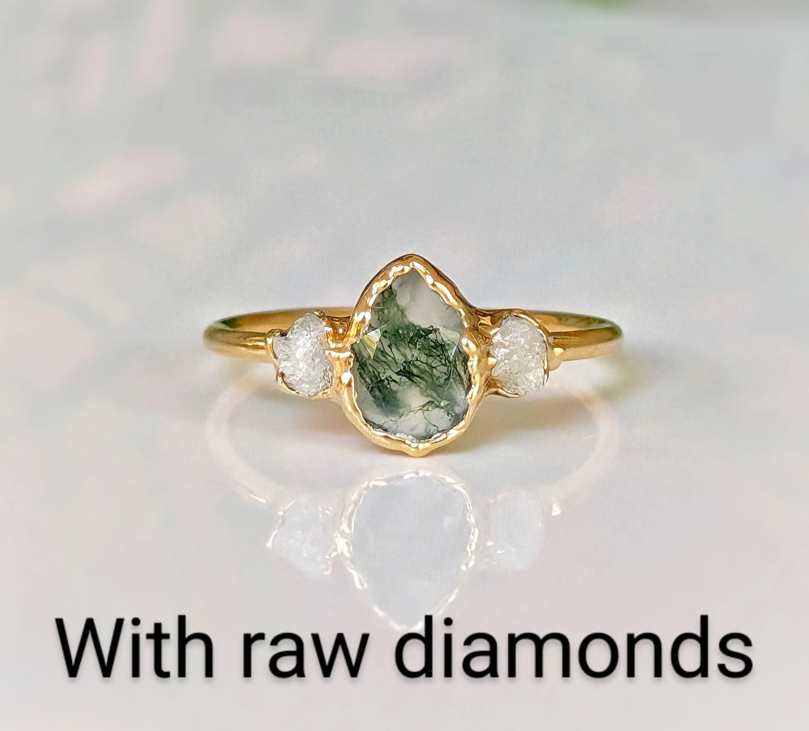 Moss Agate and raw diamond engagement ring - Pear shape Moss Agate ring