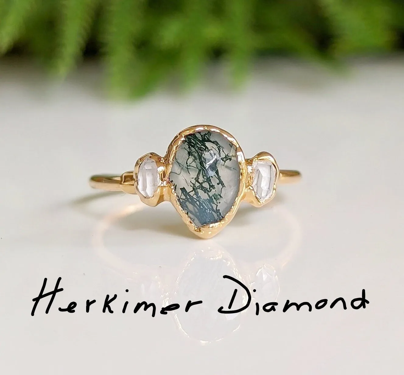 Moss Agate and raw diamond engagement ring - Pear shape Moss Agate ring