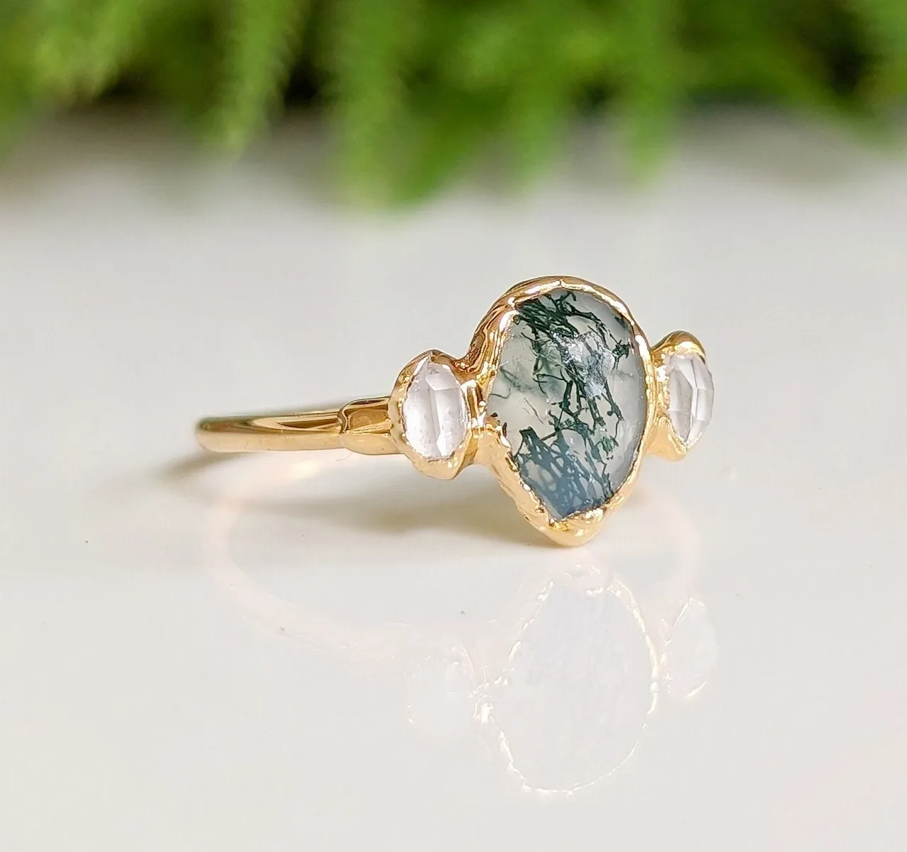 Moss Agate and raw diamond engagement ring - Pear shape Moss Agate ring