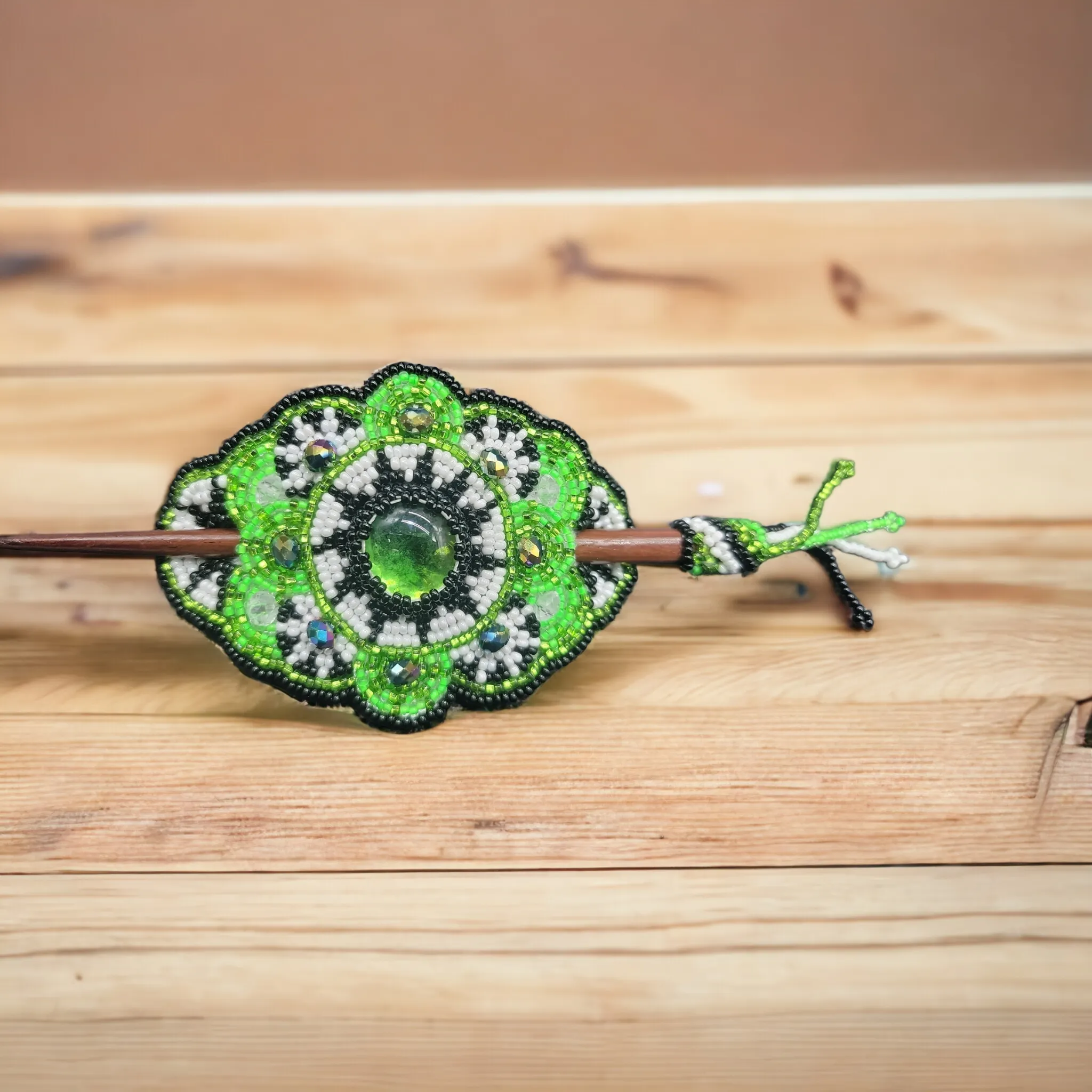 Native American Style  Barrette Green and Black accent