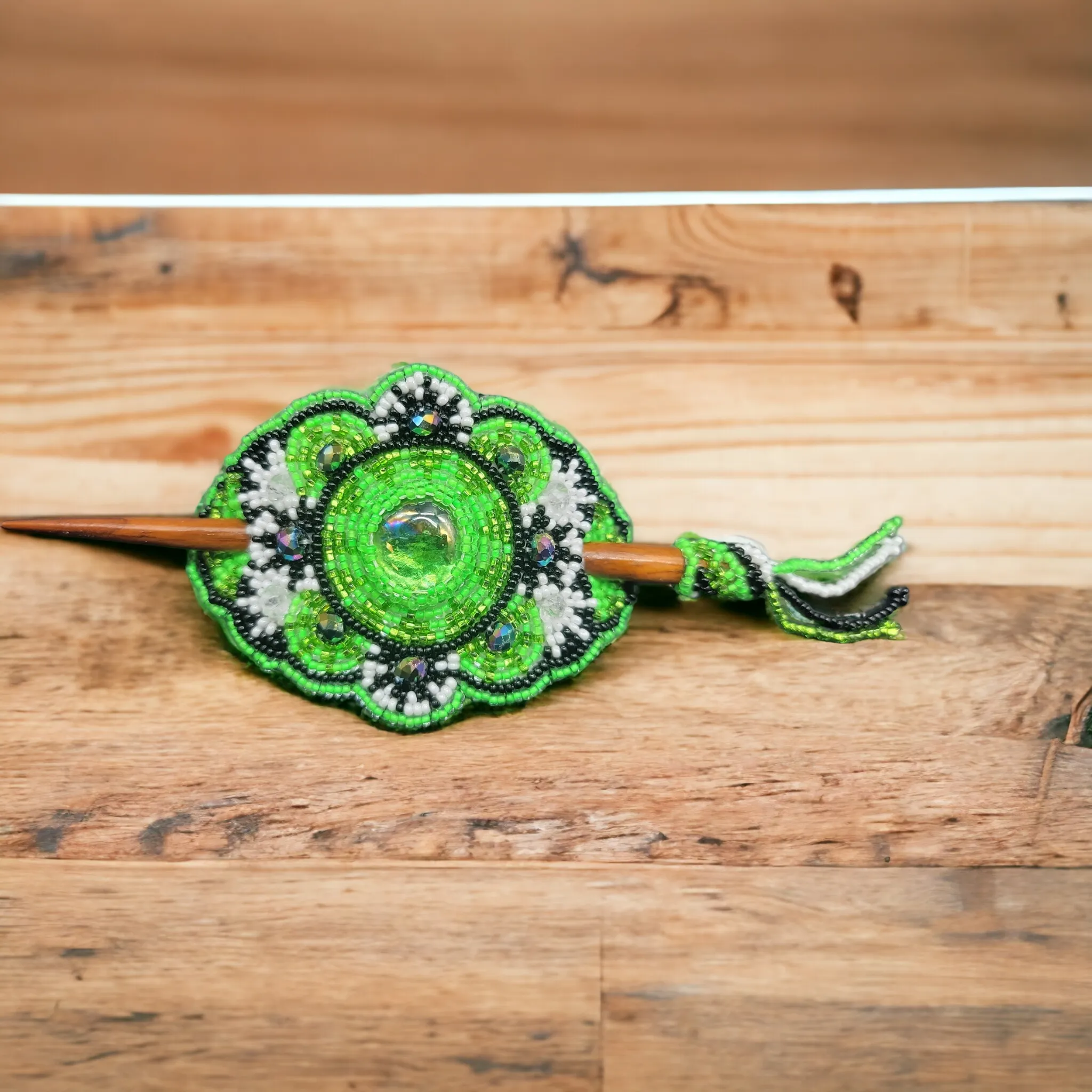 Native American Style  Barrette Green and Black accent