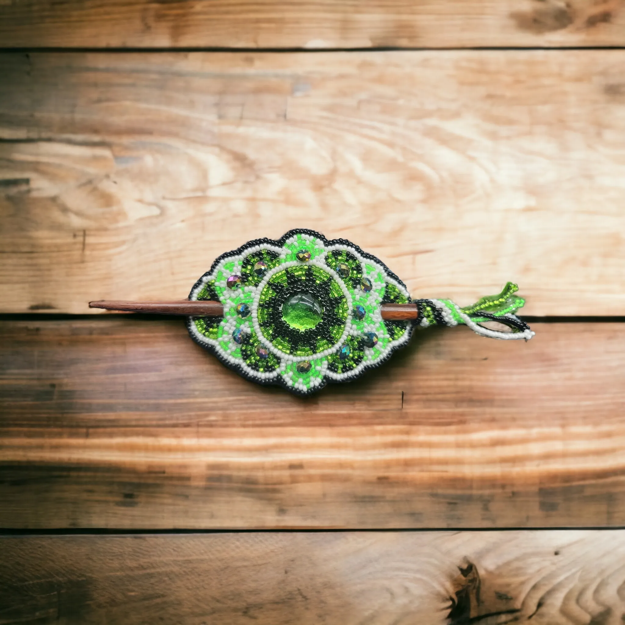 Native American Style  Barrette Green and Black accent