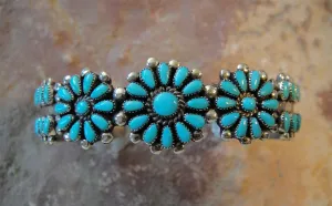 Native American Zuni Made Turquoise Cluster and Sterling Silver Cuff Bracelet