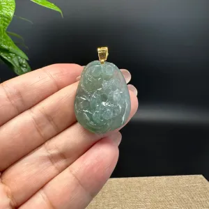 Natural 18K Yellow Gold Burmese Green Jadeite Jade Lotus Pendant