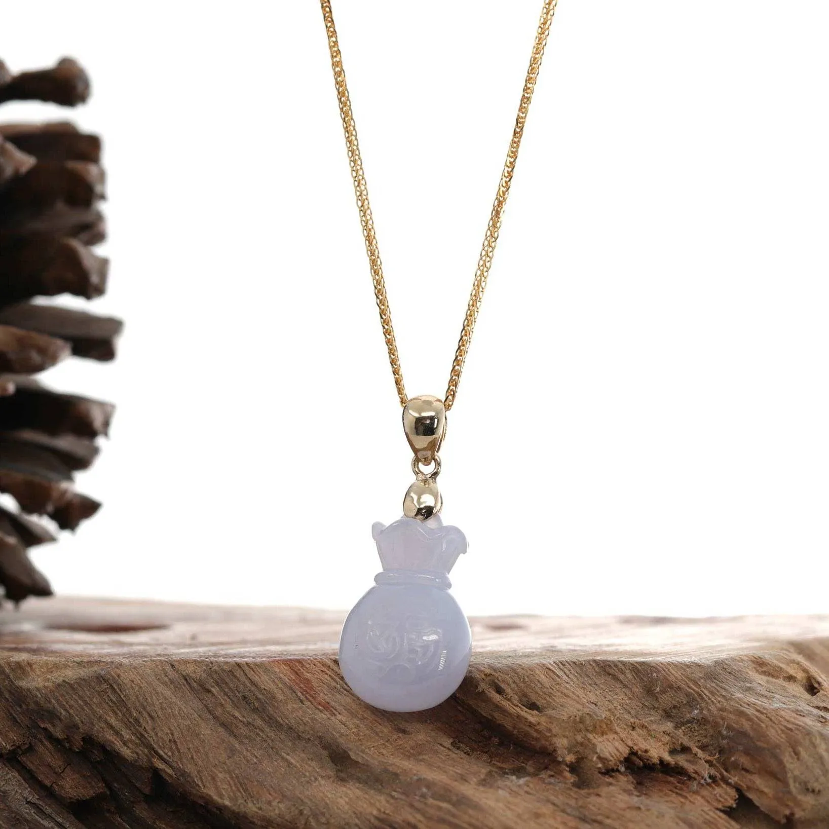 Natural Ice Lavender Jadeite Jade Lucky Money Sack Necklace With 14k Yellow Gold Bail