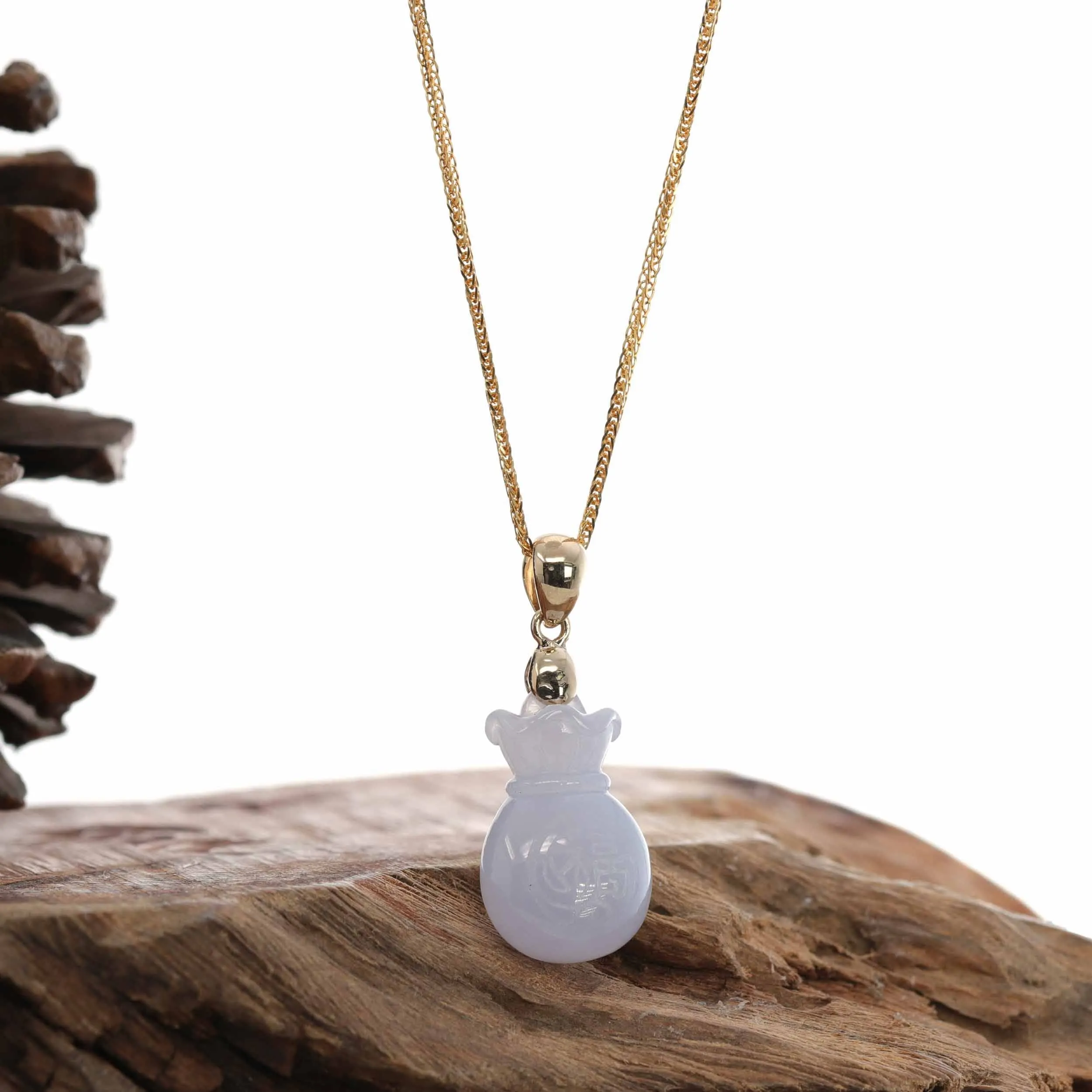 Natural Ice Lavender Jadeite Jade Lucky Money Sack Necklace With 14k Yellow Gold Bail