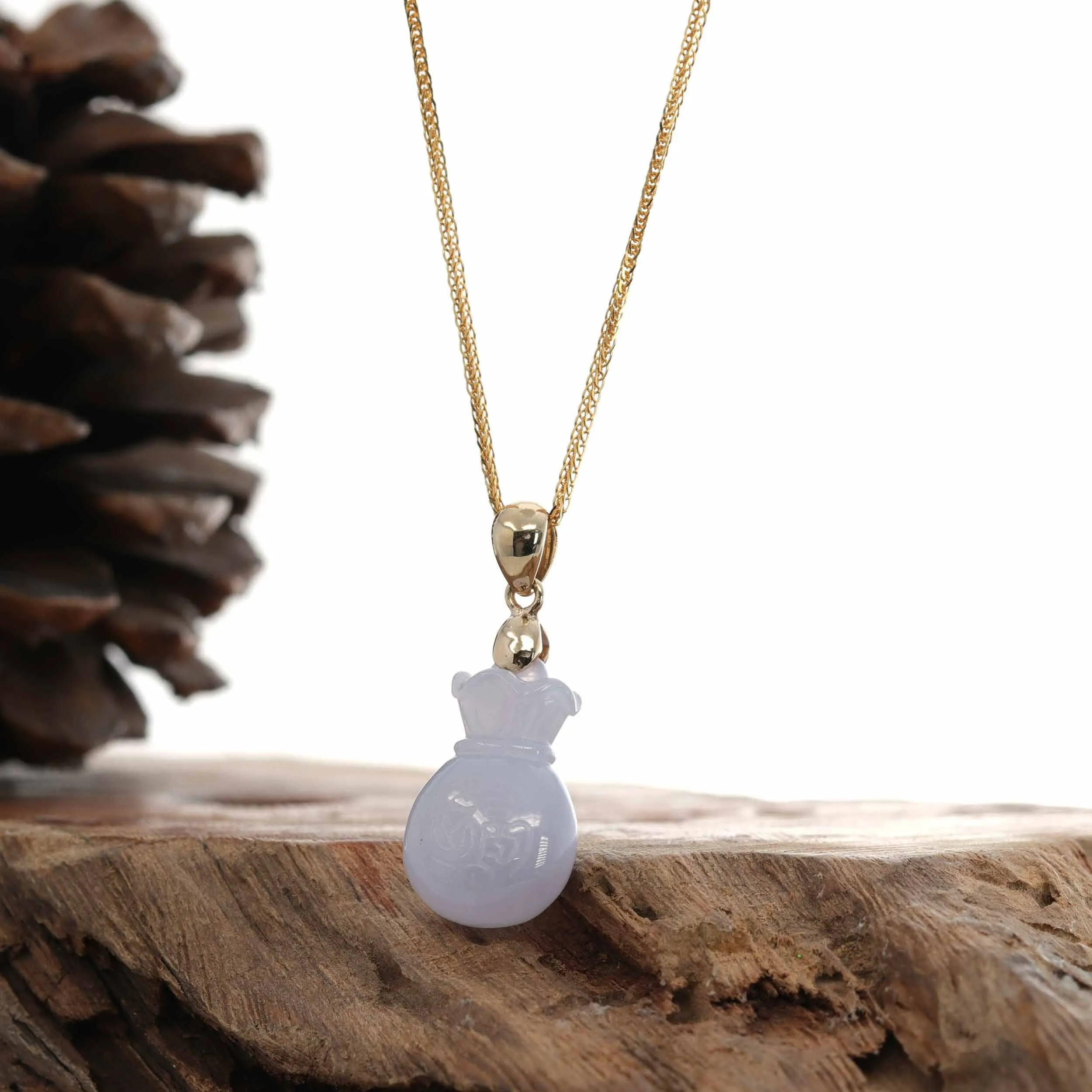 Natural Ice Lavender Jadeite Jade Lucky Money Sack Necklace With 14k Yellow Gold Bail