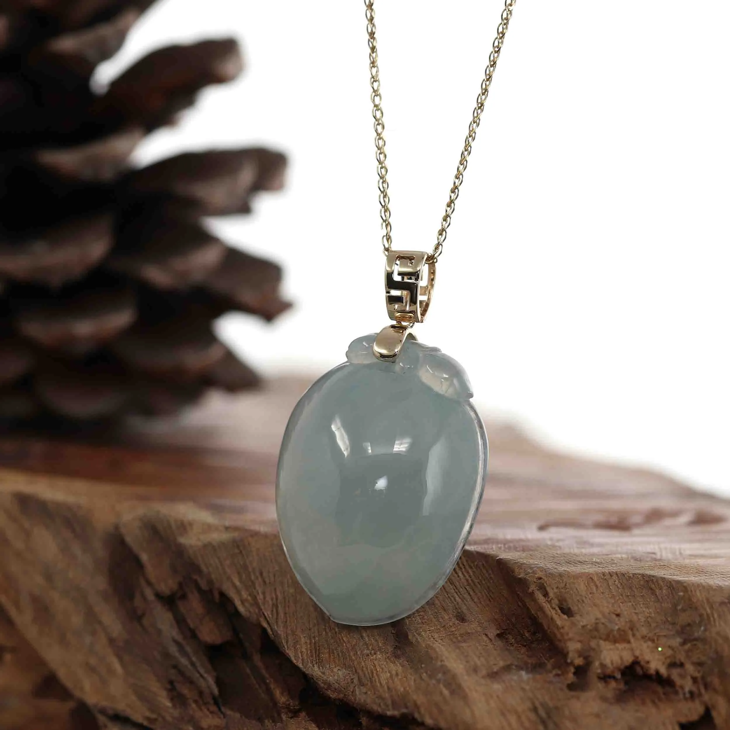 Natural Icy Jadeite Jade Shou Tao ( longevity Peach ) Necklace With 14k Yellow Gold Bail