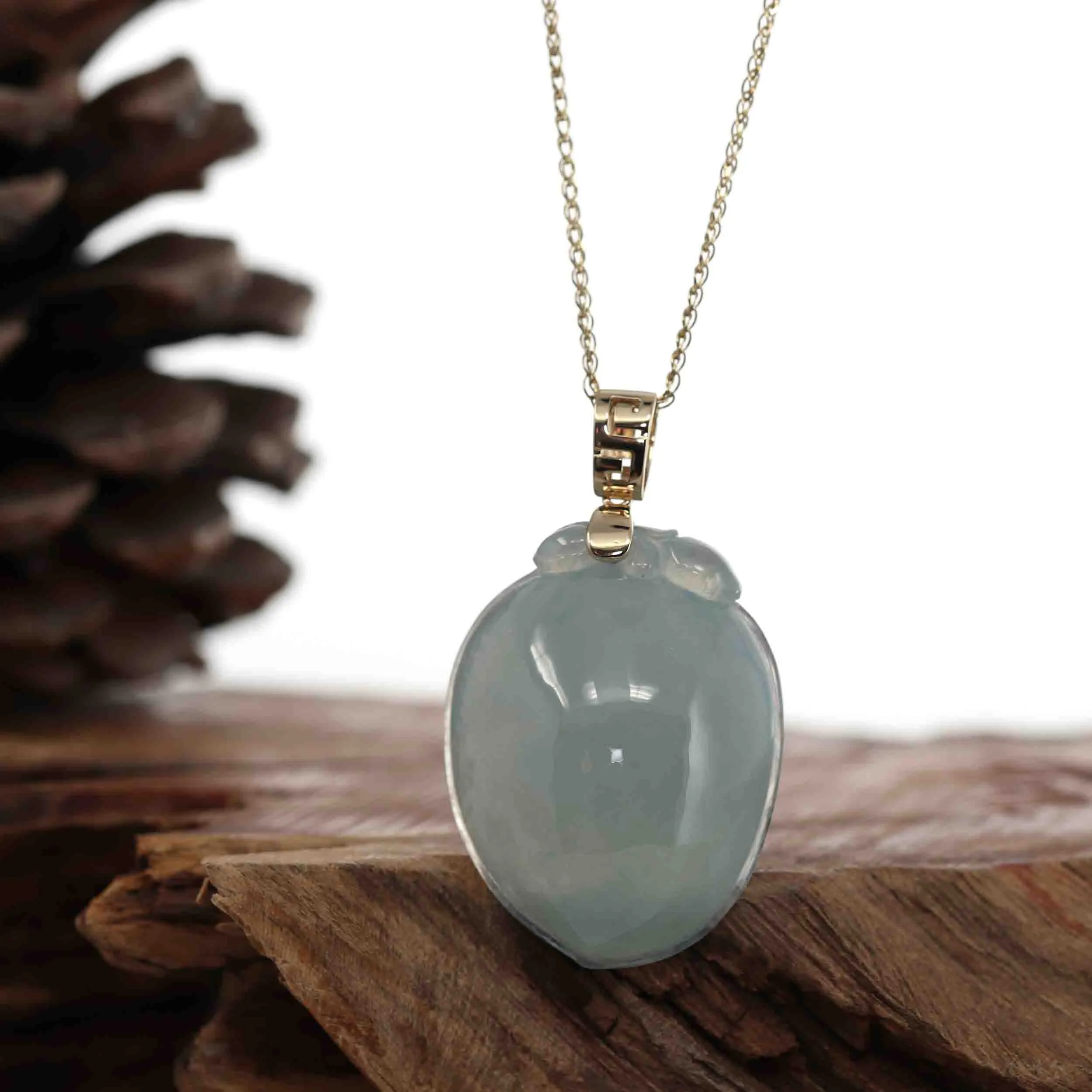 Natural Icy Jadeite Jade Shou Tao ( longevity Peach ) Necklace With 14k Yellow Gold Bail