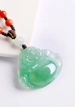 Natural Jadeite Jade Laughing Buddha「Happiness」Pendant Necklace for Men and Women