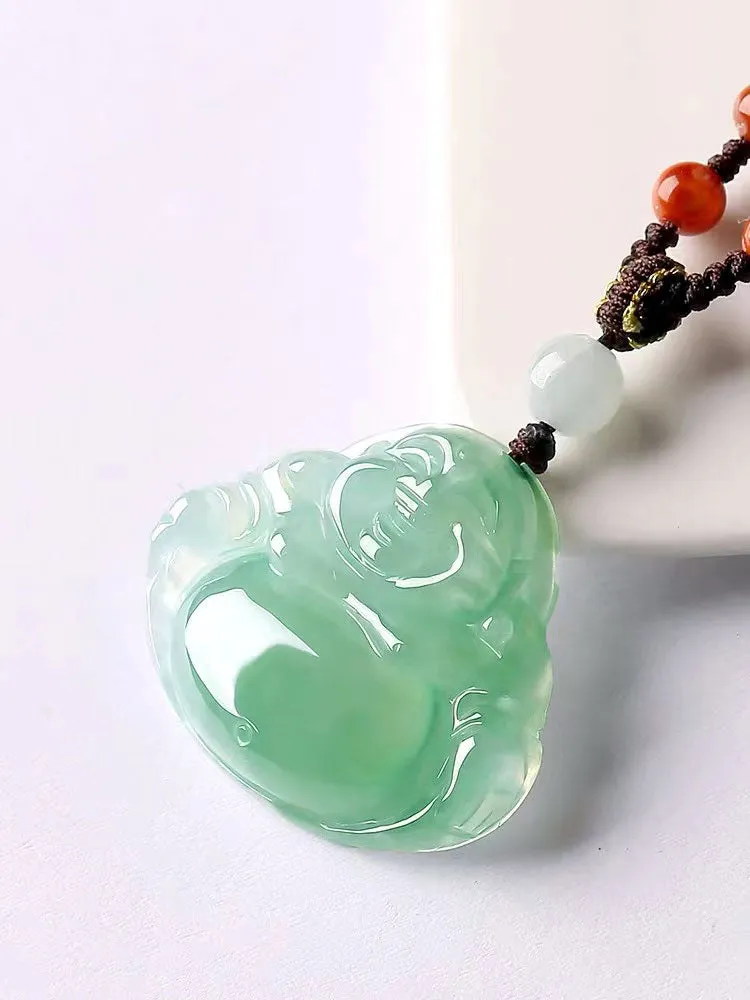 Natural Jadeite Jade Laughing Buddha「Happiness」Pendant Necklace for Men and Women