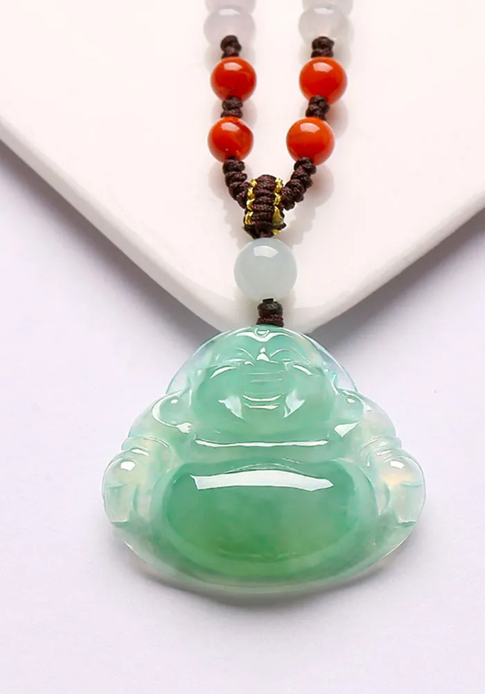 Natural Jadeite Jade Laughing Buddha「Happiness」Pendant Necklace for Men and Women