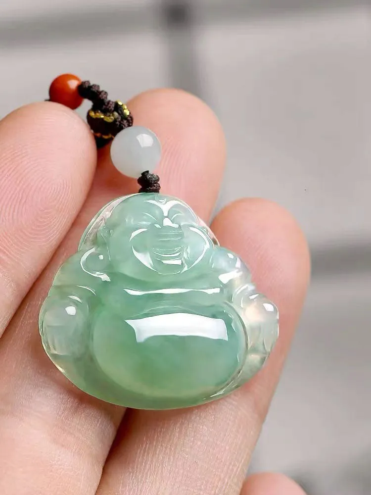 Natural Jadeite Jade Laughing Buddha「Happiness」Pendant Necklace for Men and Women